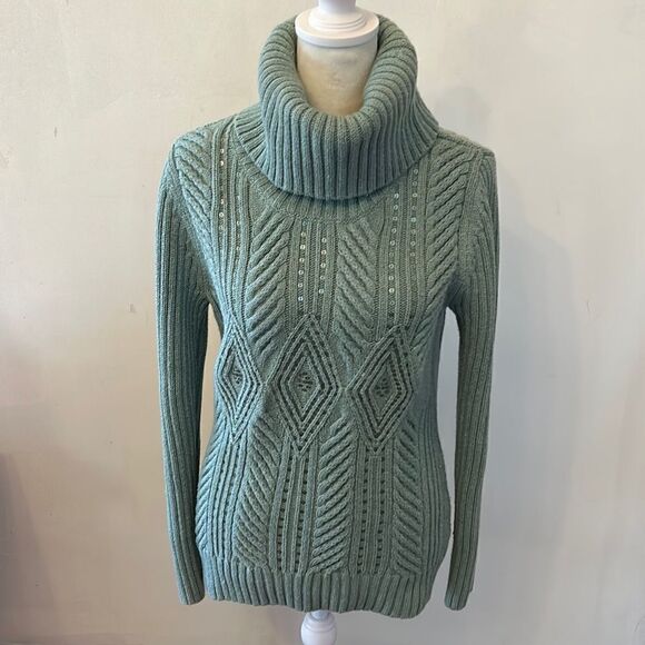 Talbots sage green long sleeve sequined turtleneck sweater Size MP - Picture 1 of 9